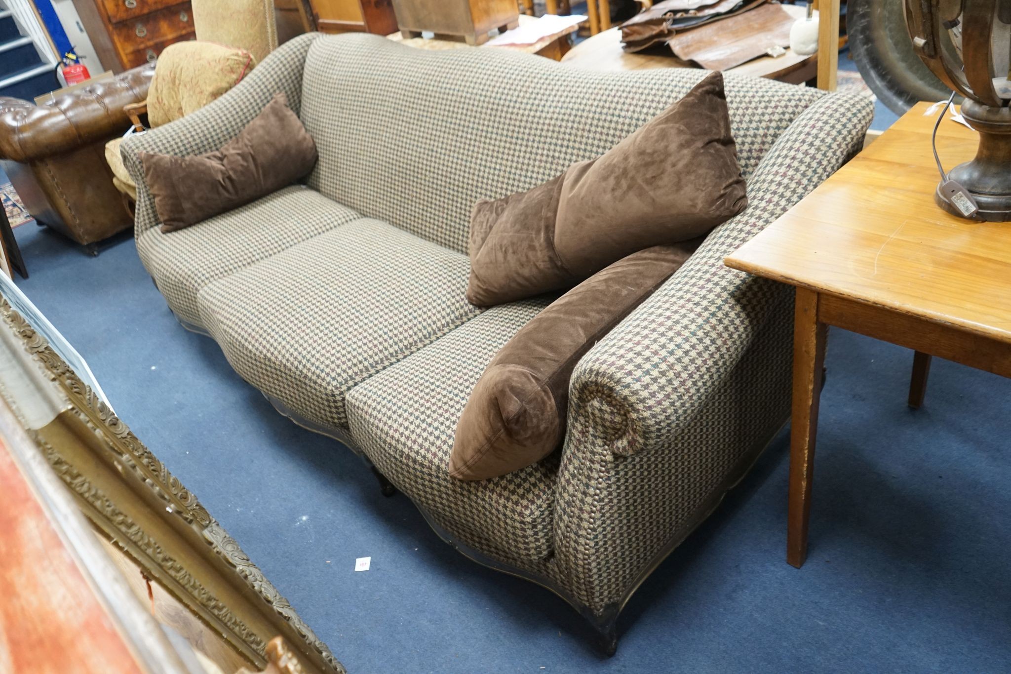 A large Louis XV style scroll arm sofa upholstered in a tweed type fabric, length 240cm, depth 96cm, height 82cm